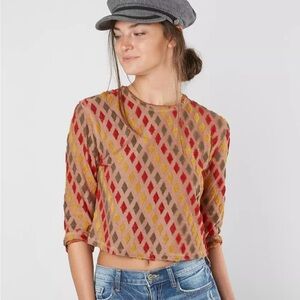 Free People fuzzy diamond pattern 3/4 sleeve crop top